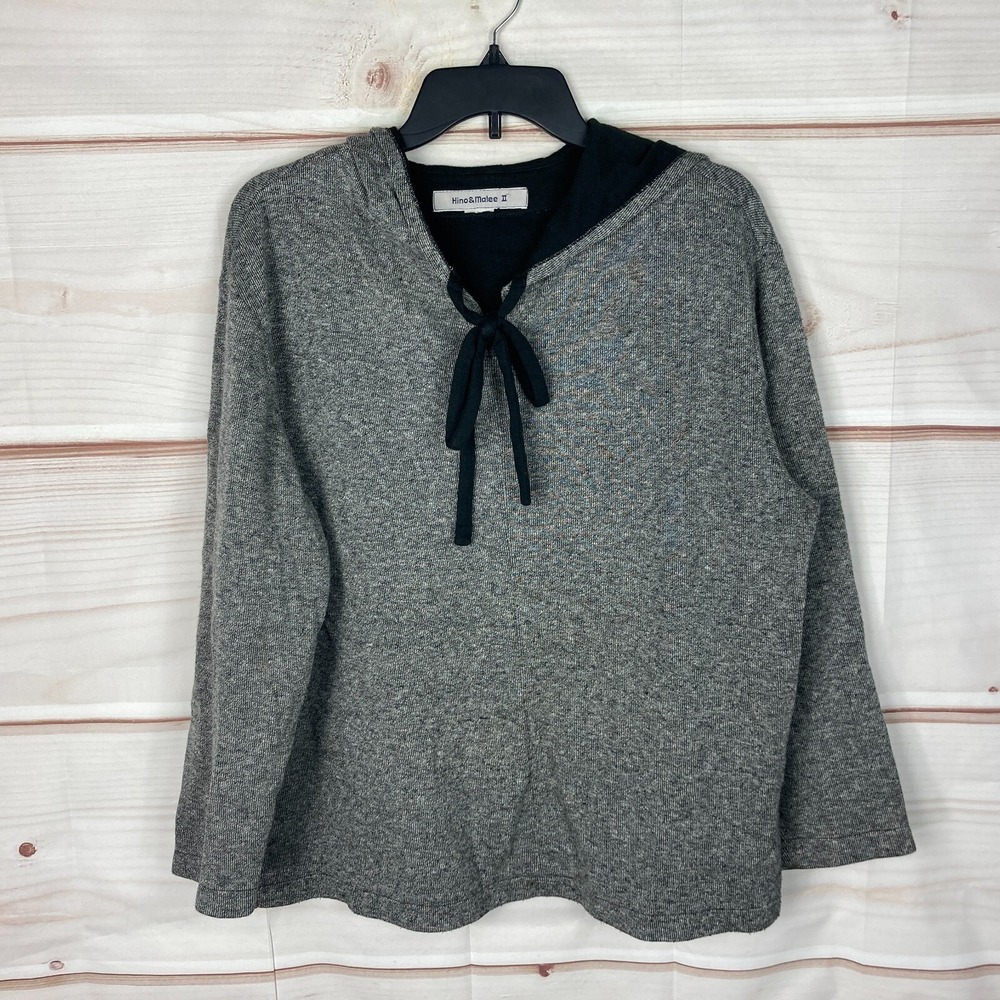 Hino & Malee II Top Womens L Gray Long Sleeve Pullover Collar Solid Tie Neck